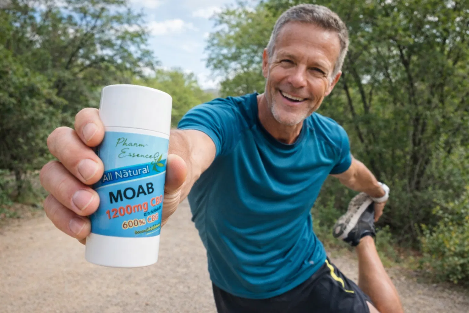 Athlete on a trail holding MOAB CBD balm stick toward the camera