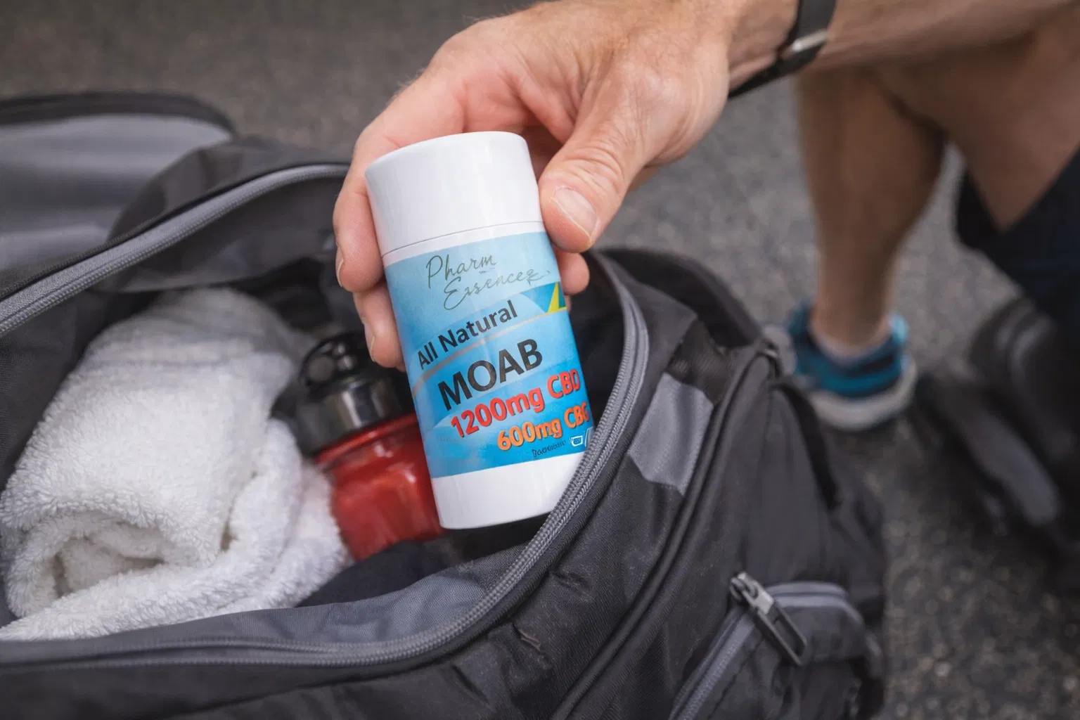 Hand placing MOAB CBD stick into a gym bag with towel and water bottle