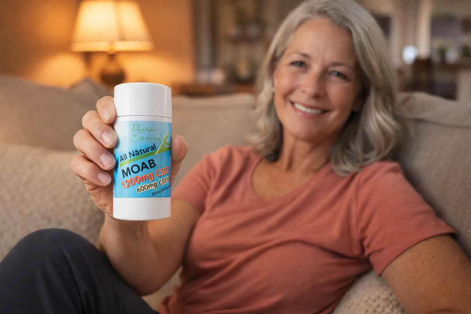 Woman relaxing at home holding MOAB CBD balm stick