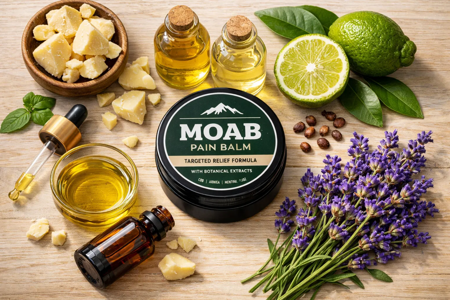 MOAB Pain Balm tin with cocoa butter, essential oils, lavender, and citrus on a wood surface