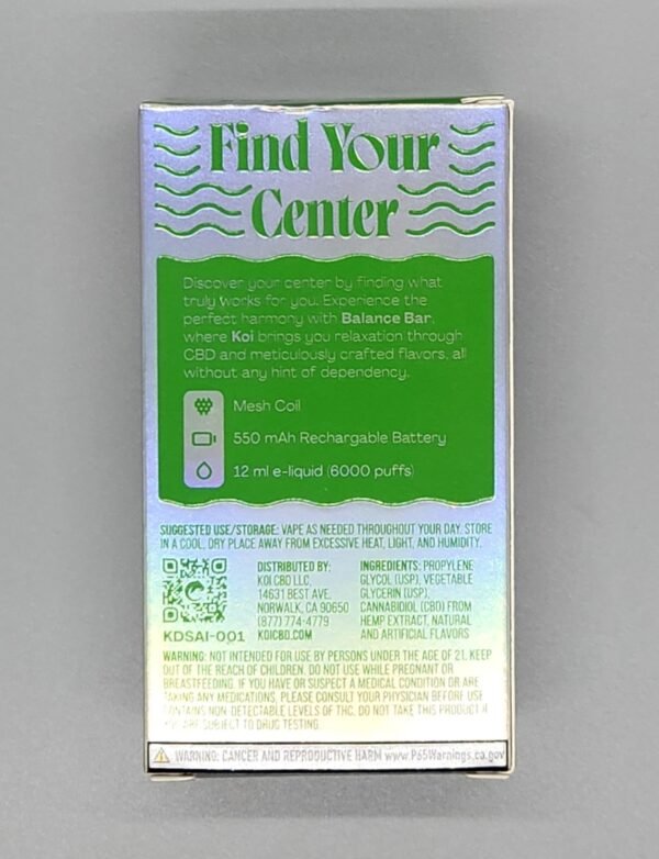 Koi CBD Balance Bar Disposable Vape 250mg 6000 puffs Sour Apple Ice - Image 2